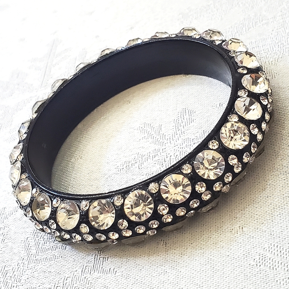 Vintage Heavy Black Metal Enamel Rhinestone Encrusted Bangle (See Description)